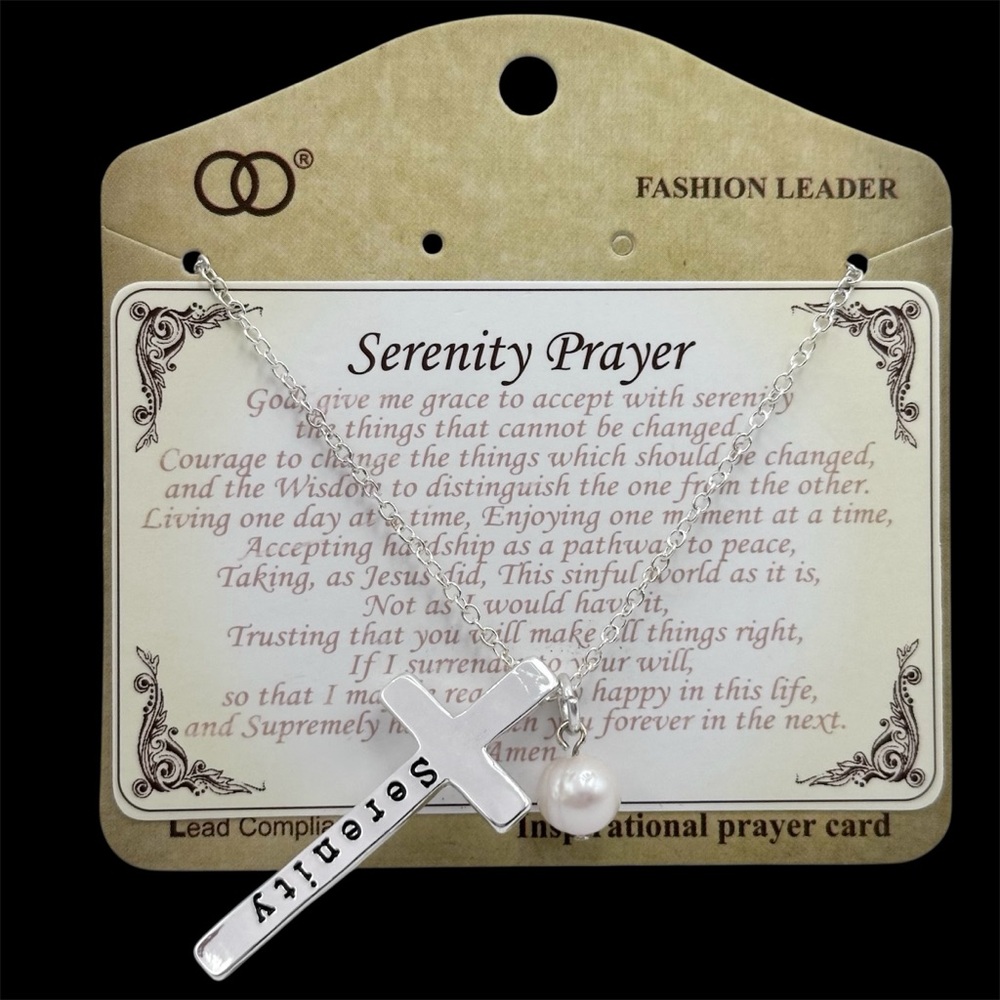 Serenity Prayer Cross Necklace With Genuine Pearl